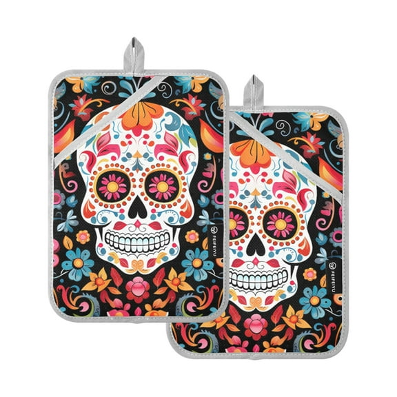 ALAZA Skulls and Floral Pot Holders Set of 2 Heat Resistant Kitchen Oven Mitts