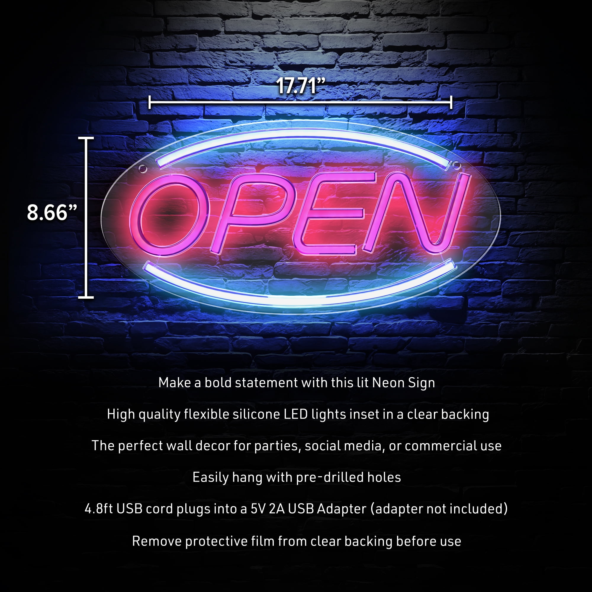 Xtreme Lit LED Neon "OPEN" Sign – Red & Blue Lights, USB Powered, Clear Backing, Wall Hanging Holes, 4.8ft Cord