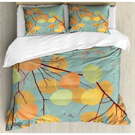 Aspen Tree Duvet Cover Set King Size, Branches with Autumn Leaves Seasonal Inspirations Pastel Kids Fall Background, Decorative 3 Piece Bedding Set with 2 Pillow Shams, Multicolor, by Ambesonne