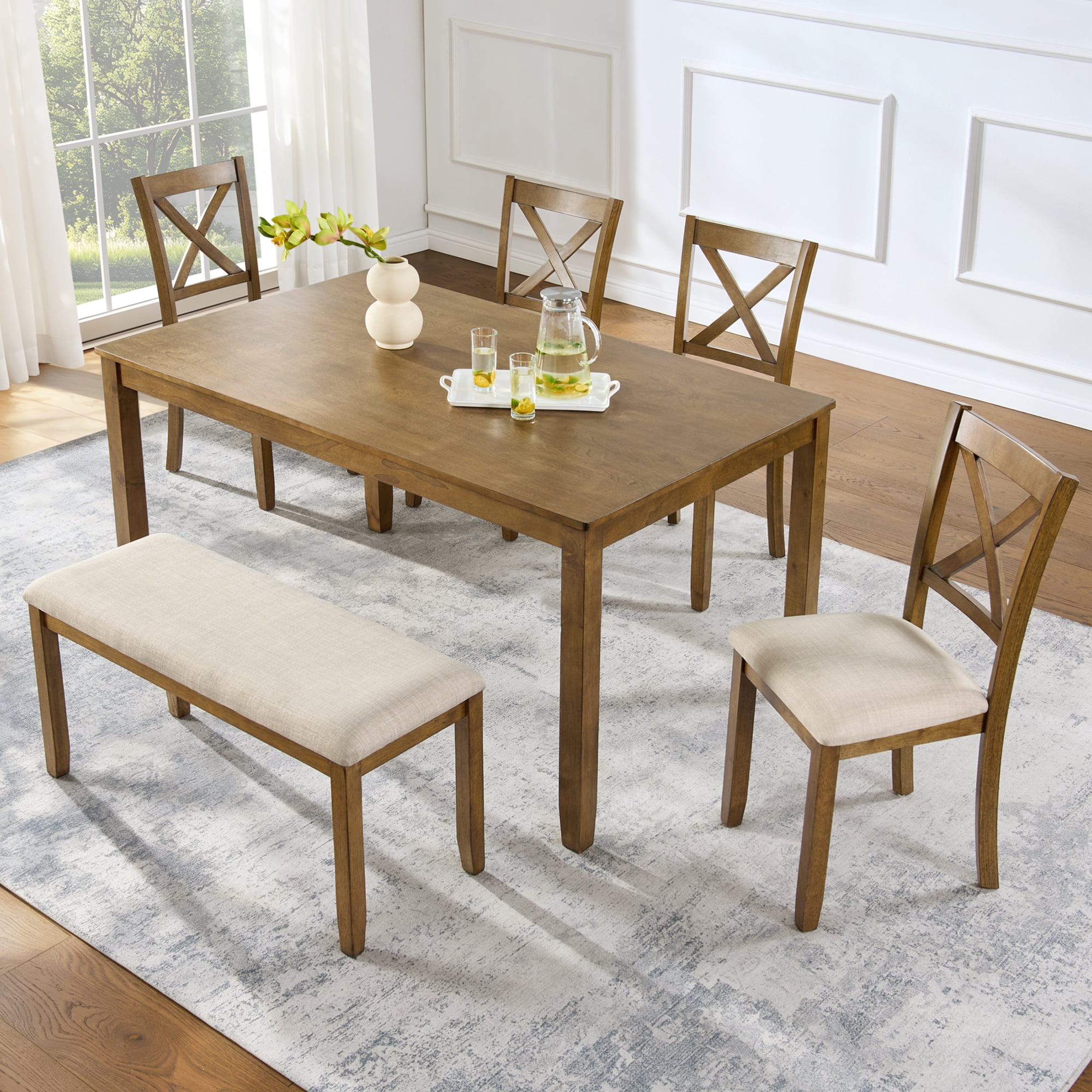 6-Piece Dining Table Set for 6, 58.5" Wood Rectangular Kitchen Table with 4 Chairs & Bench