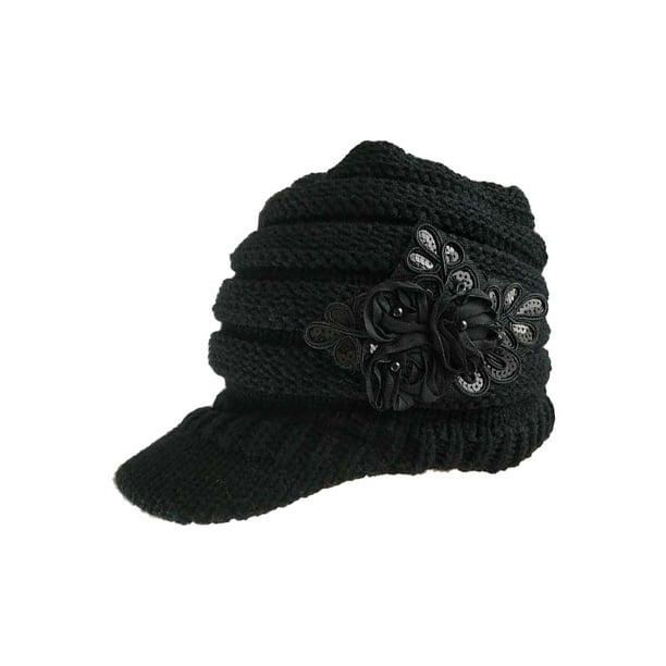 Minnieouse Gorros tejidos a la moda con protectores para los oídos, gorros tejidos para mayor calidez, gorro divertido de lana Sombreros negro