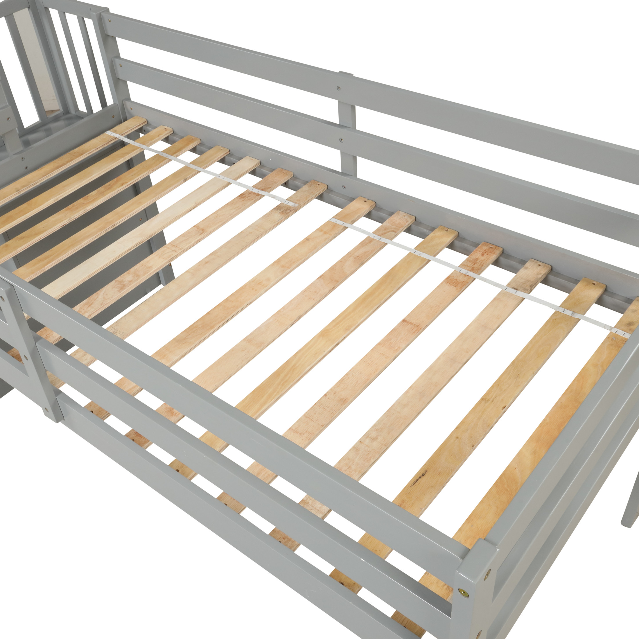 Noble House Brooke Twin Loft Bed, Pine Wood Frame with Staircase Storage, Space-Saving Play Area, Grey
