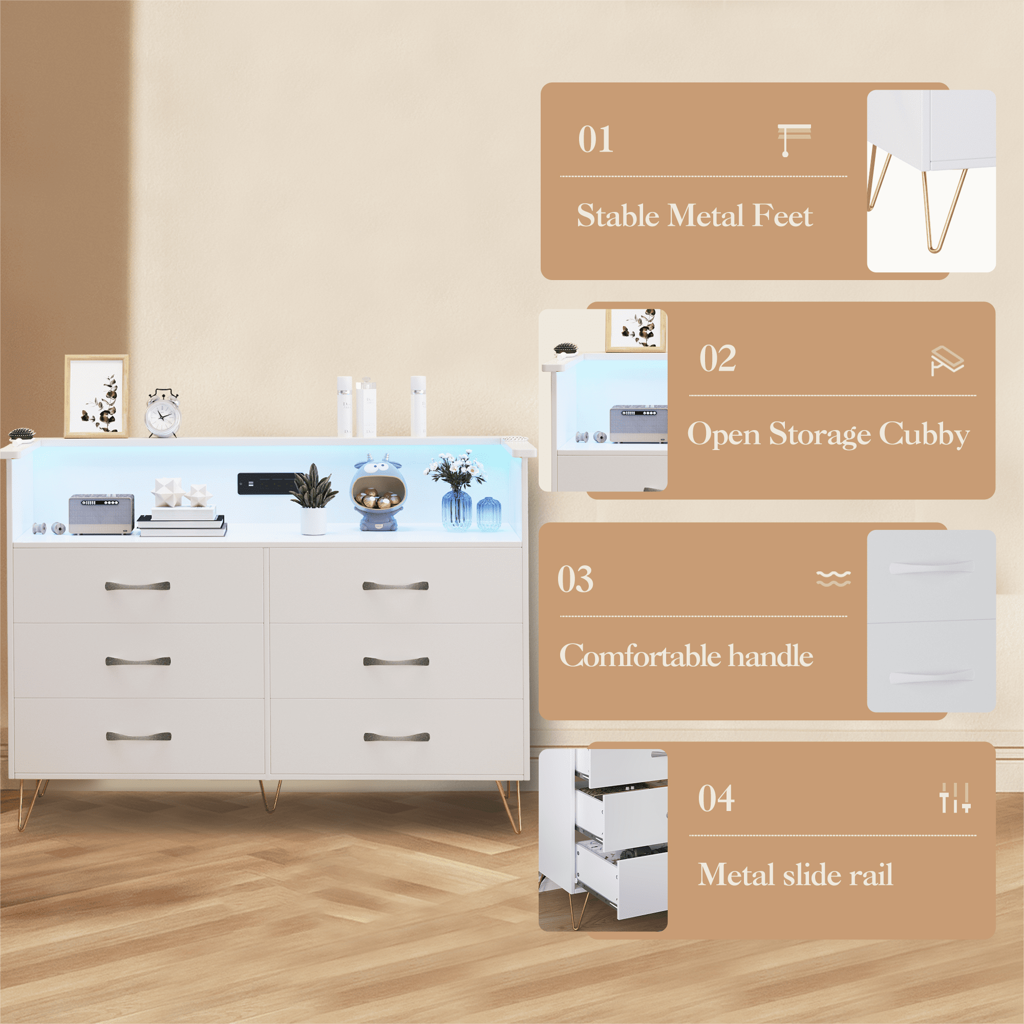 6 Drawer White Dresser with LED Lights and Charging Station,Modern Wood Dressers for Bedroom & Living Room