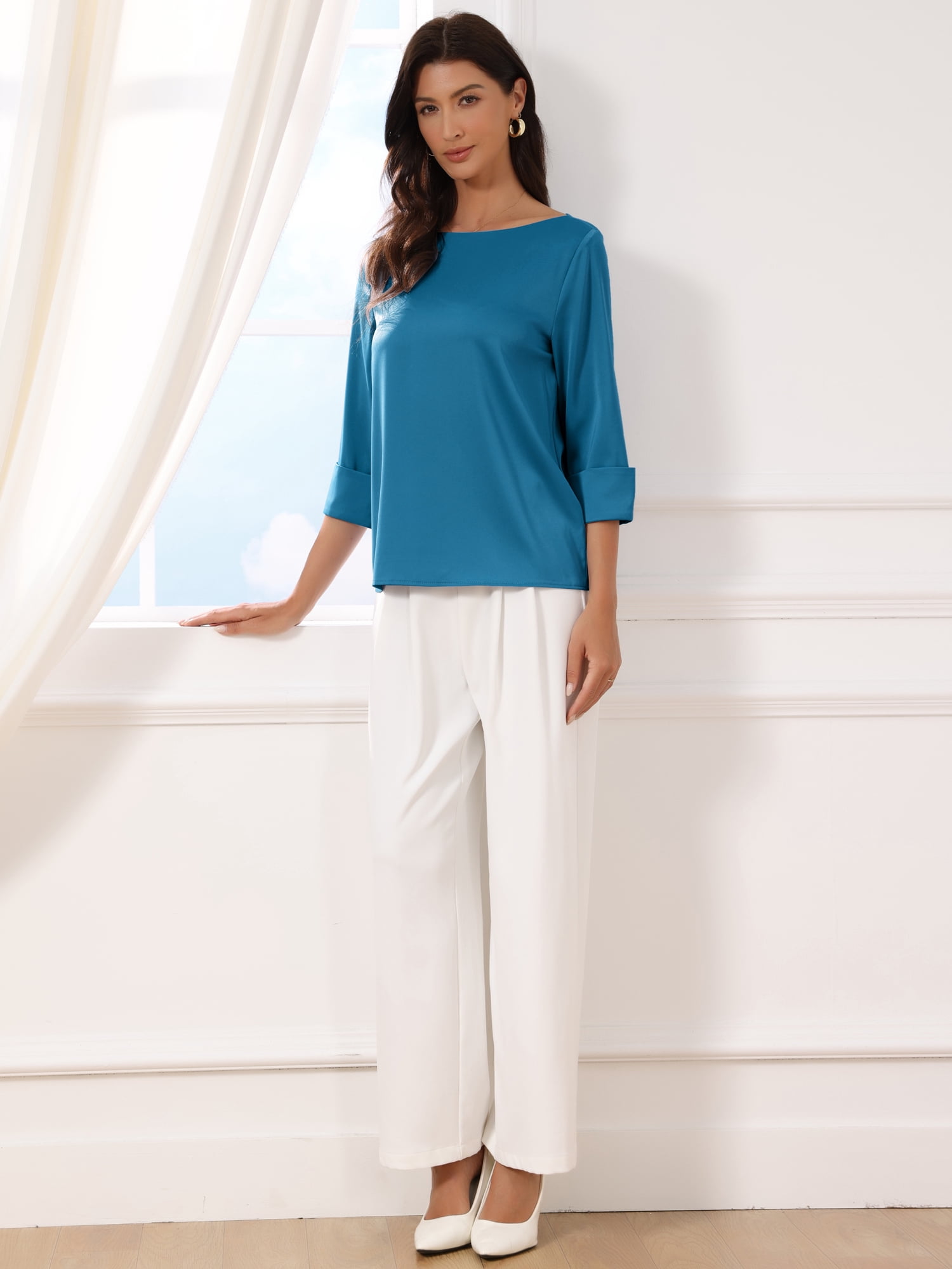 DARING DIVA Women's Satin Boat Neck 3/4 Sleeve Business Shirt M Peacock Blue