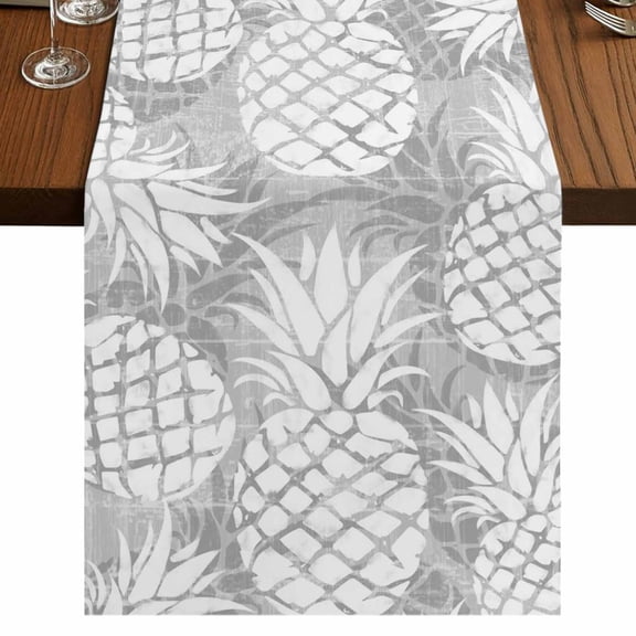 Grey Pineapple Burlap Cotton Table Runner 16x72 Inches Long, Tropical Summer Botanical Fruits Farmhouse Table Runners, Outdoor Dining Tablecloths Decor for Baby Shower/Party/Wedding
