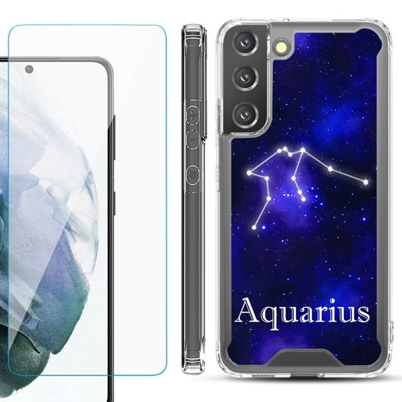 Shockproof Bumper Phone Case for Samsung Galaxy S22 5G, with Tempered Glass Screen Protector, by OneToughShield ® - Zodiac / Aquarius