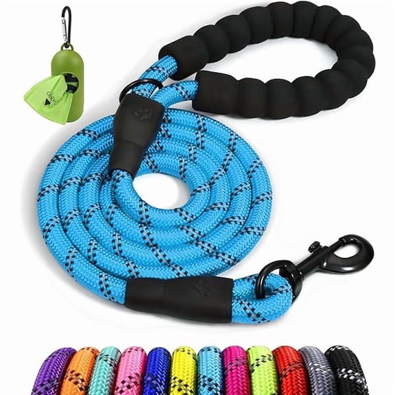Eryueer Rope Dog Leash 6 FT with Comfortable Padded Handle, Highly Reflective Threads Leash and Anti-Tangle Clip for Walking Medium Large Dogs, 1/2 inch, Blue