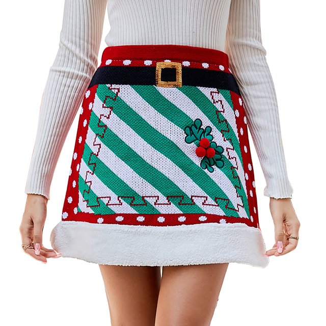 Minifalda de línea A para mujer, estampado navideño, lunares, costuras a rayas, falda de línea A de punto elástico alto, rojo, L