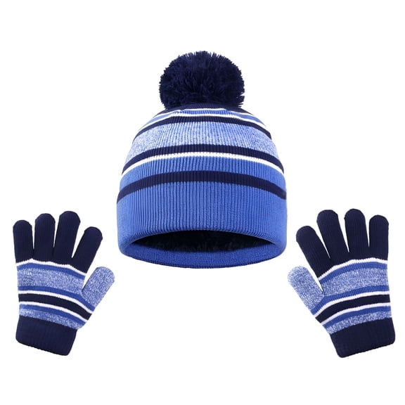 TELOLY Kids Winter Hat and Gloves Set Boys and Girls Fleece Lined Knit Ribbed Glove Child Beanie Warm Caps Sets Blue Free Size