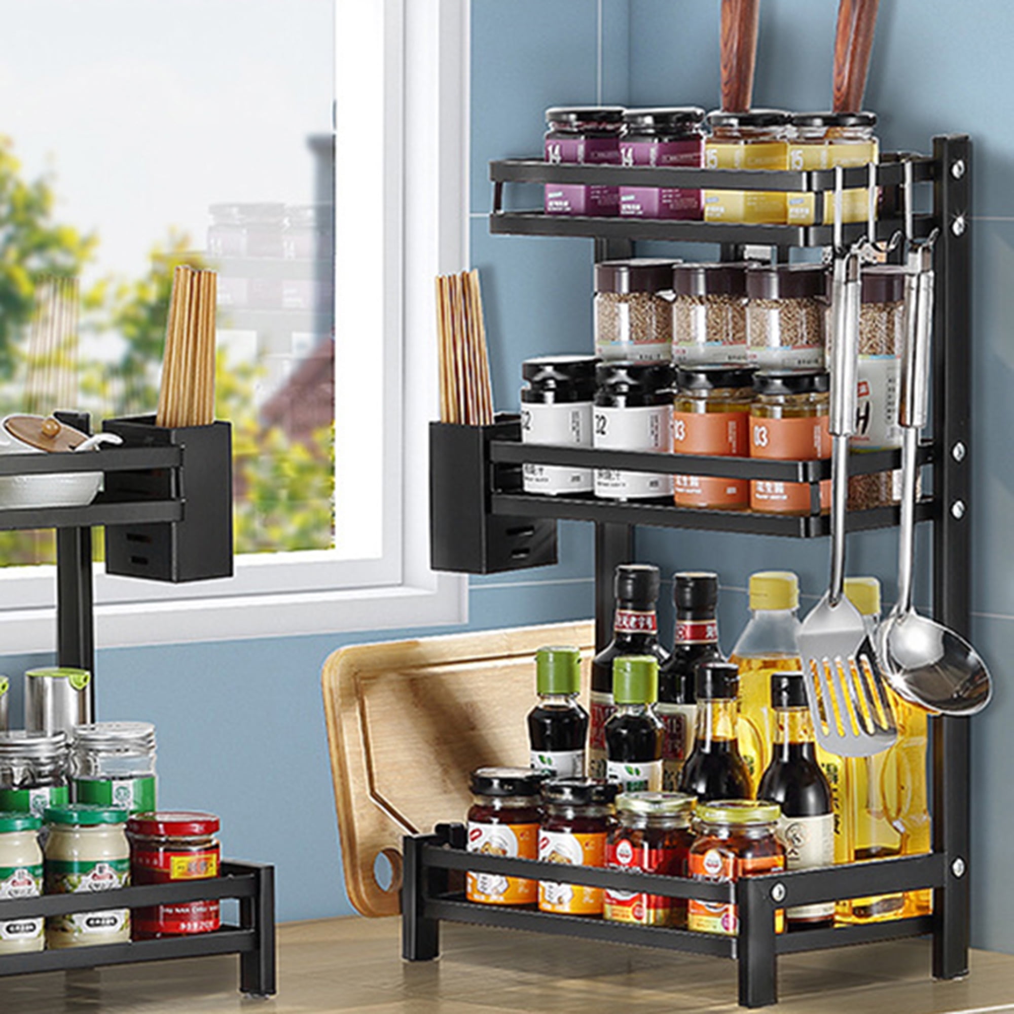 Spice Rack Wall Mounted Black Steel 3 Shelves Spices Organizer Kitchen Gadgets 