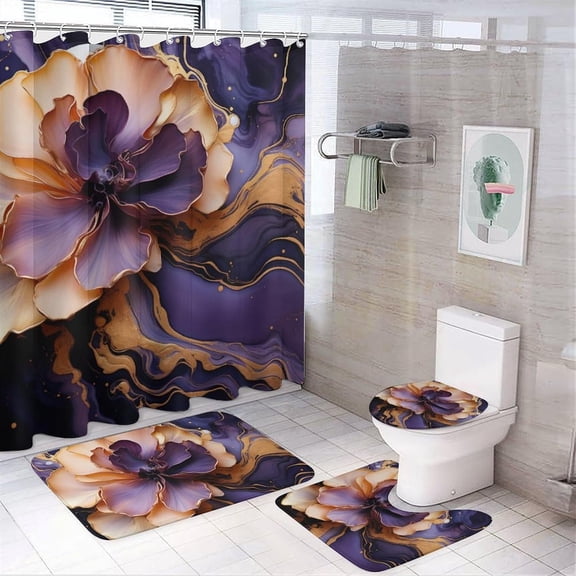 4Pcs Marble Floral Shower Curtain Set with Rugs, Toilet Lid Cover and Bath Mat, Purple Gold 3D Flower Petal Moire Bathroom Curtains Decor Shower Curtains, 72" x 72"