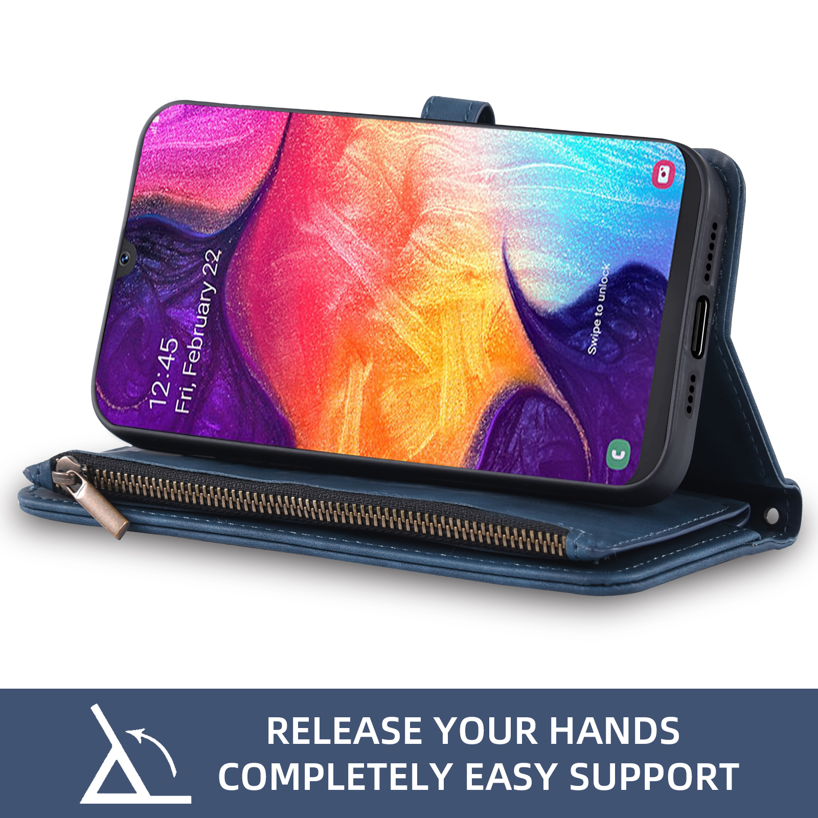 Asuwish Phone Case for Samsung Galaxy A50 A50S A30S Wallet Cover With Tempered Glass Screen Protector Crossbody Wrist Strap Flip Pattern Zipper Card Holder Cell A 50 50S 30S S50 50A SM A505G Men Blue
