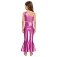 thumbnail image 5 of YiZYiF Kids Girls Shiny Disco Hippie Jazz Dance Outfits One Shoulder Sequins Crop Top and Split Bell-Bottom Leggings Hot Pink 12, 5 of 7