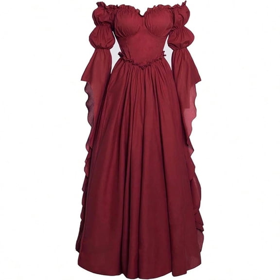 Guieoi Womens Dresses Long Sleeve Court-Style Asymmetrical Gothic Solid-Color Maxi Dress Maxi Dress Red XL