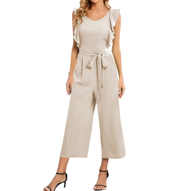 Womens Summer Sleeveless Ruffle Straps Jumpsuits Plain Belted Wide Leg Cropped Pants Casual Work Rompers for Women