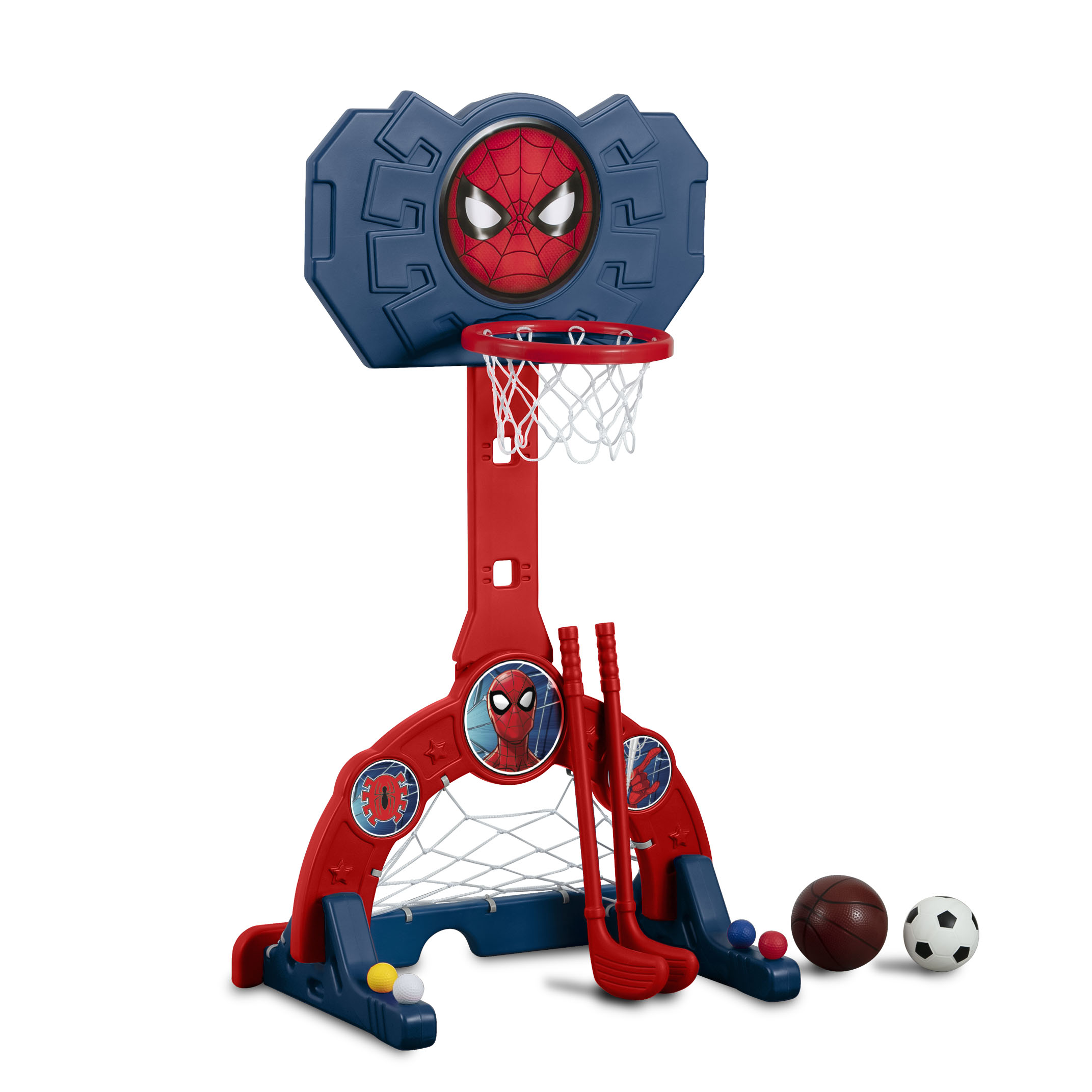 Spider-Man 4-in-1 Sports Center β Adjustable Basketball Hoop, Soccer/Hockey Net & Golf Game, Red
