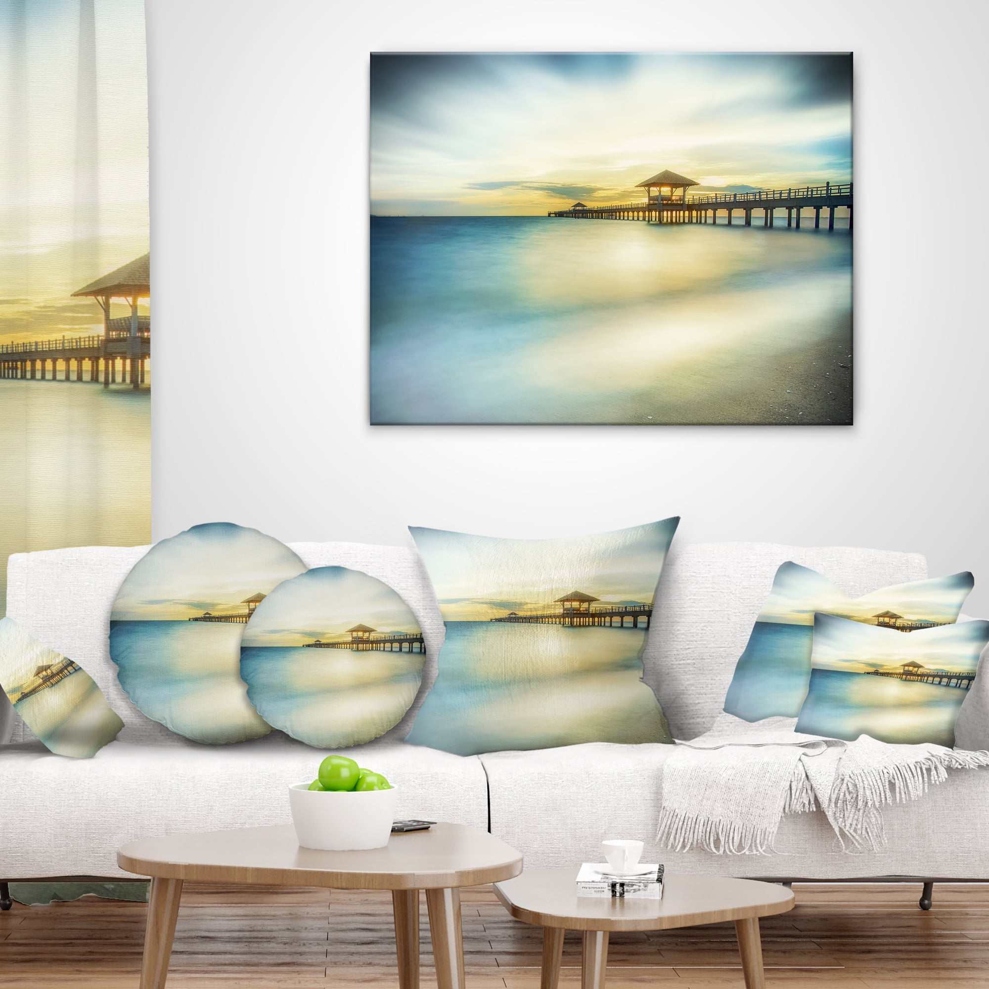Designart Blue Tinged Seashore with Distant Pier - Pier Seascape Throw Pillow - 12x20