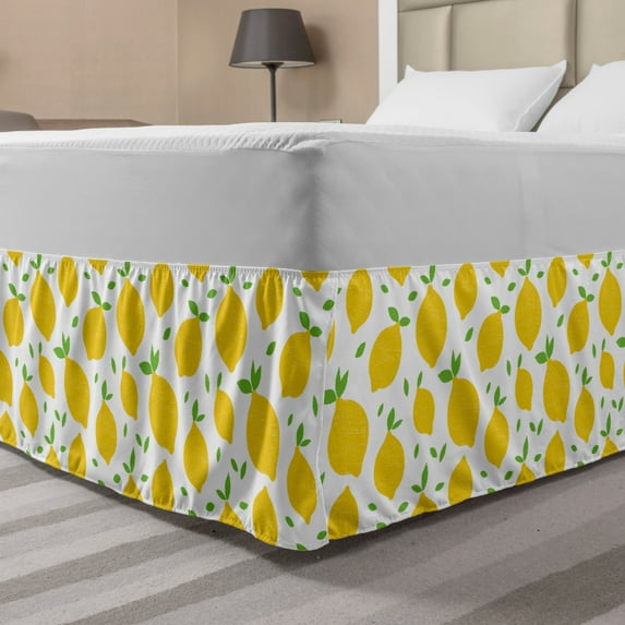 Lemons Bed Skirt, Continuous Modern Summer Themed Tasty Citrus Fruits Illustration, Elastic Bedskirt Dust Ruffle Wrap Around for Bedding Decor, 4 Sizes, Lime Green Earth Yellow, by Ambesonne