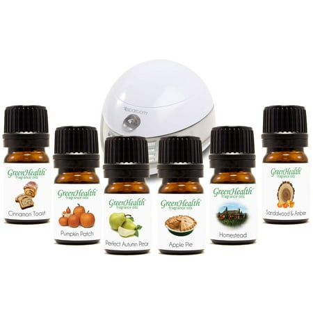 Greenhealth- Fall Fragrance Set- 5 ml (1/6 fl oz) Amber Glass Bottles with Euro Dropper- Set of 6 Fragrance Oils + Sparoom Aromafier (Best Fall Niche Fragrances)