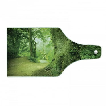 Tale Cutting Board, Enchanted Forest Photograph with Trees Pathway to Adventure Nature Wild, Decorative Tempered Glass Cutting and Serving Board, Wine Bottle Shape, Green, by Ambesonne