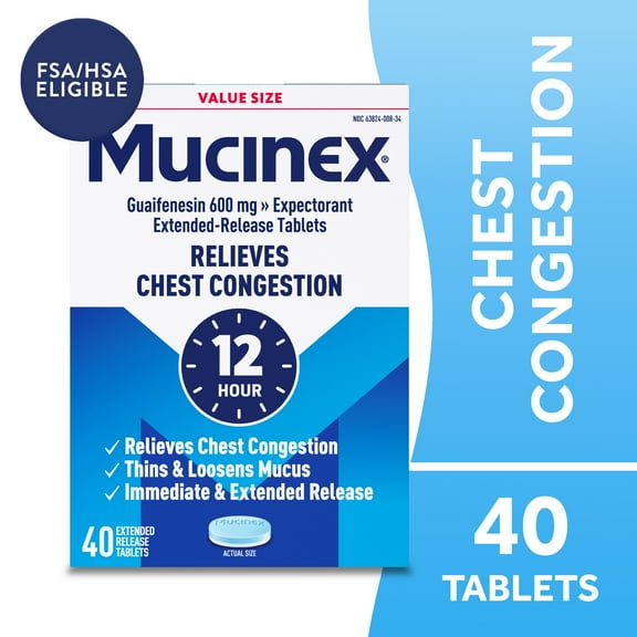 Mucinex 12 Hour Expectorant, OTC Medicine for Excess Mucus Relief, Chest Congestion, FSA, 40 Tablets