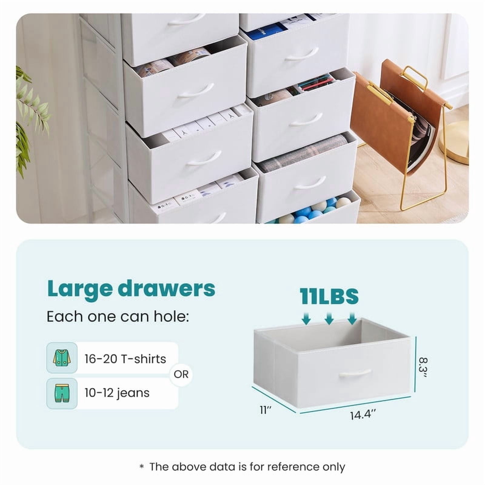 Kelno 10 Drawer Fabric Dresser Storage Tower Chest Organizer with Wood Top Steel Frame, White