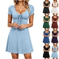 thumbnail image 2 of Oksale Cute Dresses for Women Soft Stretchy Tie Front Scoop Neck Mini Dress Slim Cozy Short Sleeve Summer Dresses Casual Ladies Outfits Black L, 2 of 9