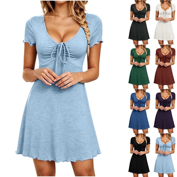 Tqcoqu Women's Short Sleeve Drawstring Front Ruched Short Dress V Neck A Line Tshirt Dresses,Black Women's S-XXL