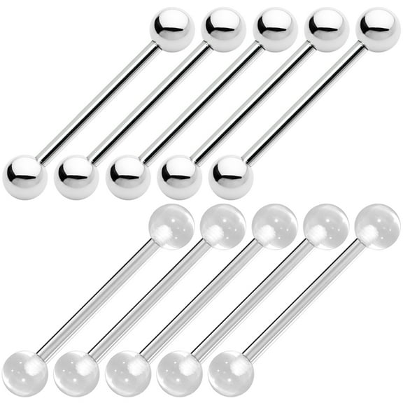 Steel Tongue Piercing Barbells and Clear Retainers Ten Pack