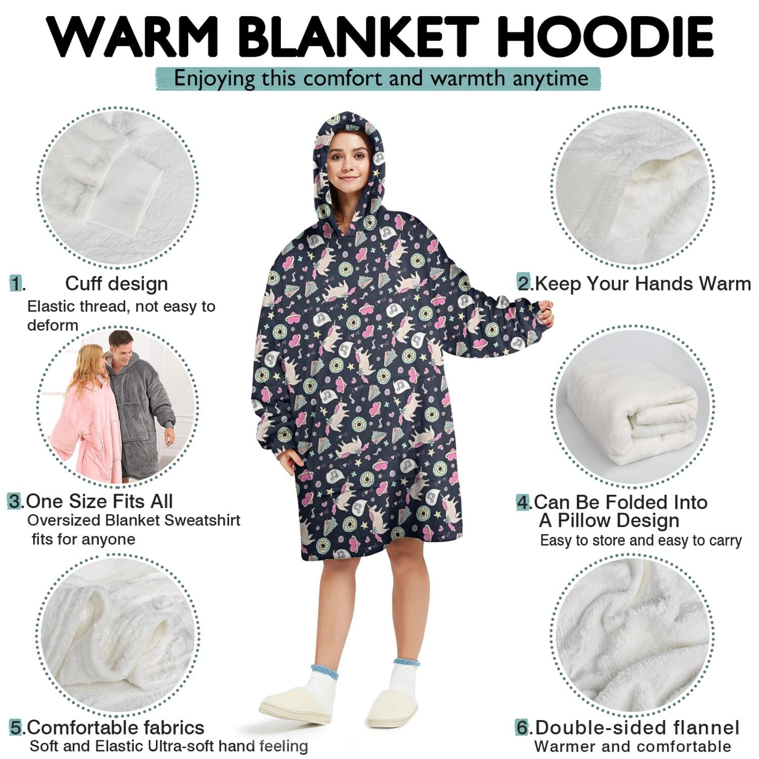 Wearable Oversized Blanket,Dark Blue Cartoon Unicorn Pattern Wearable Blanket Hoodie for Adults,Cozy Hooded Blankets with Super Pockets,Super Warm Fuzzy Pullover for Women & Men