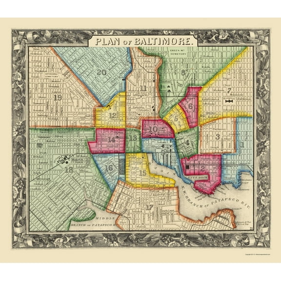 Historic City Map - Baltimore Maryland - Mitchell 1867 - 23 x 26.31 - Vintage Wall Art