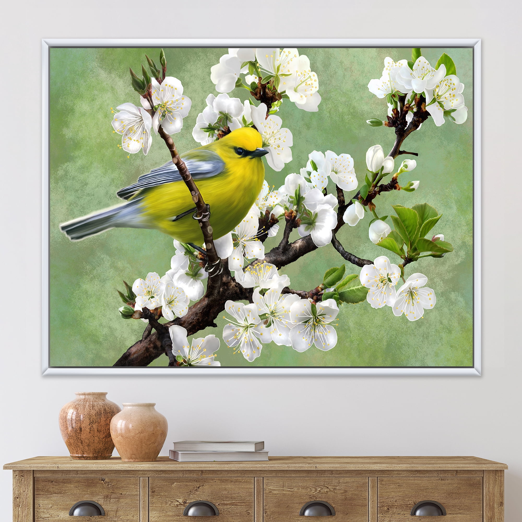 Designart 'Bird Sitting On A Branch of Cherry' Traditional Framed Canvas Wall Art Print