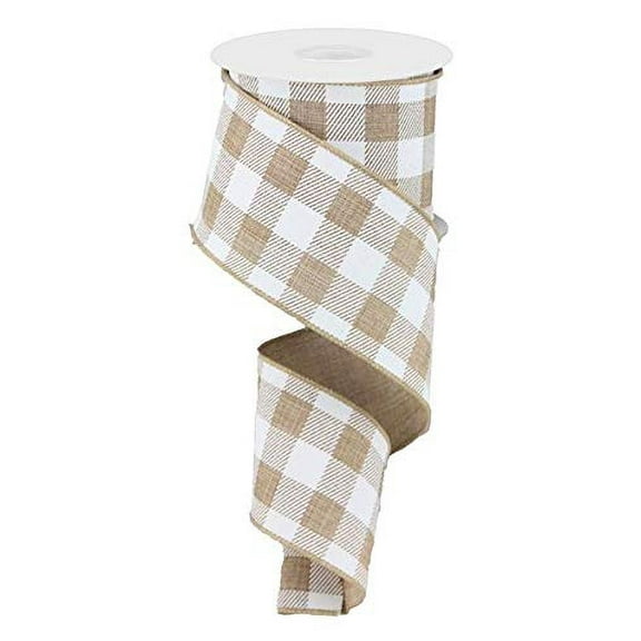 Plaid Check Wired Edge Ribbon - 10 Yards (Light Tan, White, 2.5")