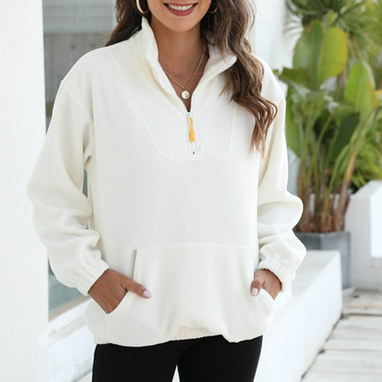 XFLWAM Womens Oversized Half Zip Sweatshirt Quarter 1/4 Zipper Long Sleeve  Pocket Pullover Tops White XXL