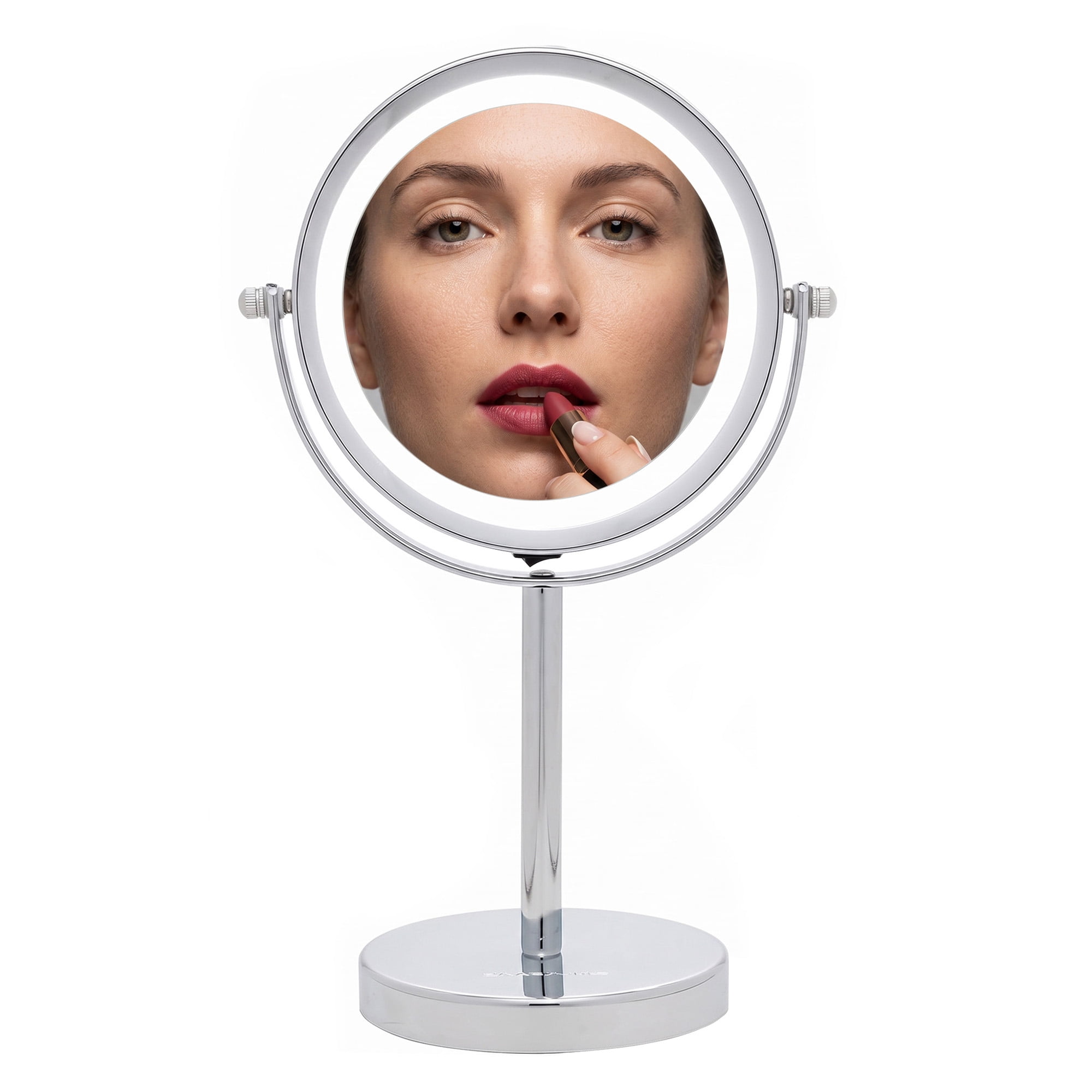OVENTE 6" Lighted Makeup Mirror with 1X/7X Magnification, Cordless Tabletop Mount Vanity Round Mirror with 360° Swivel Design and Double Sided Cool Tone LED Ring Light, Polished Chrome MLT60CH1X7X