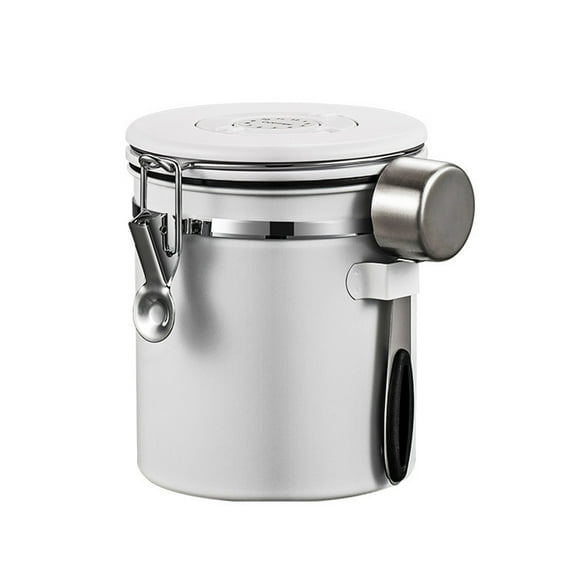 Billuyoard Contenedor de granos de café al vacío con rastreador de fecha Recipiente de almacenamiento de azúcar Tarro sellado Oficina Cocina Juegos de servir café y té Cuchara Blanca/Acero 1200ML