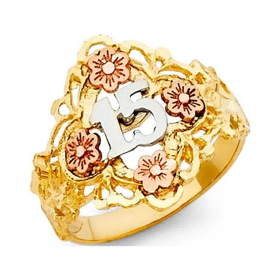 Solid 14k Quinceanera 15 Anos Ring Flowers Band Yellow White Rose Gold Nugget Style Fancy 17MM Size 7