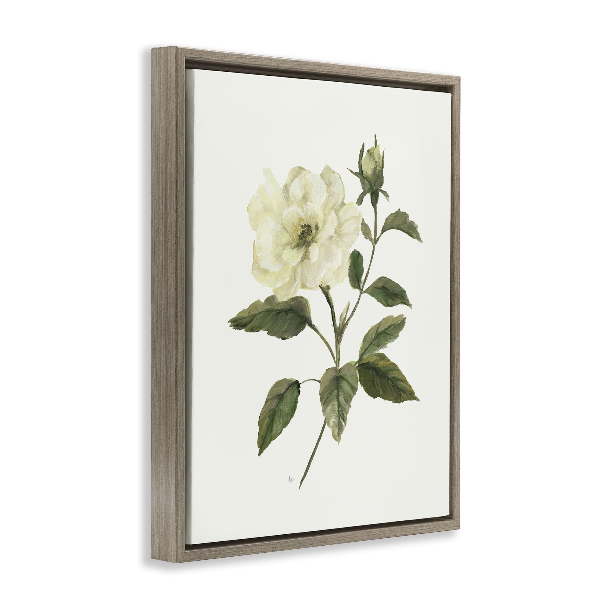 Stupell Industries Ivory Rose Bloom With Green Foliage Brown Framed Floater Canvas Wall Art, design by Nan