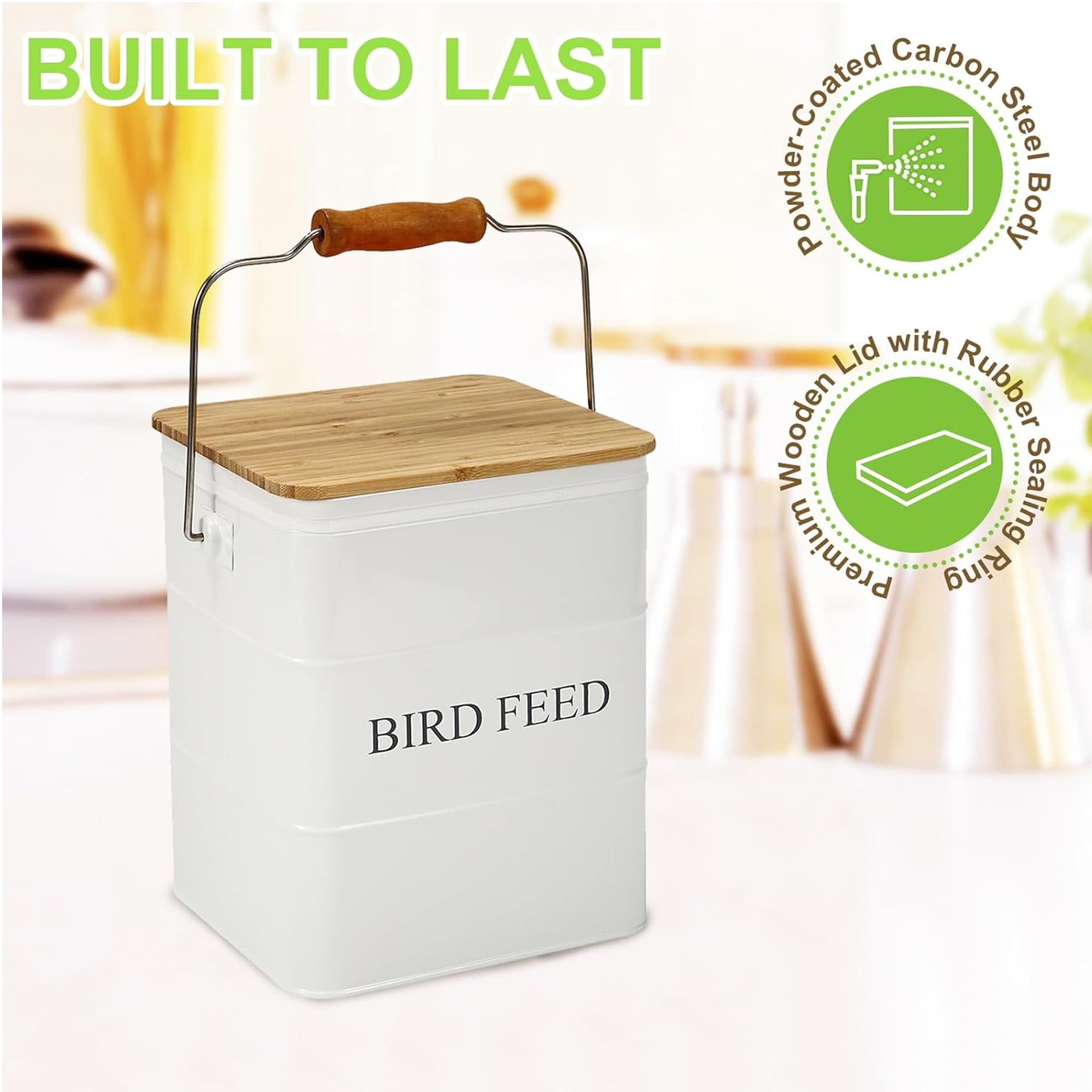 Brabtod Seed Storage Container & Pet Food Storage Container Airtight Metal Food Tin with Wooden Lid, Handle & Scoop, Holds 5-6 lbs, Ideal for Bird Seed, Dog & Cat Food Storage