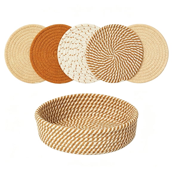 Surpdew Woven Cotton Rope Round Placemats Set of 5 Pcs with Holder Heat Resistant Placemats, Handmade Boho Woven 8" Placemats,Non-Slip Place Mats for Your Perfect Table Decor