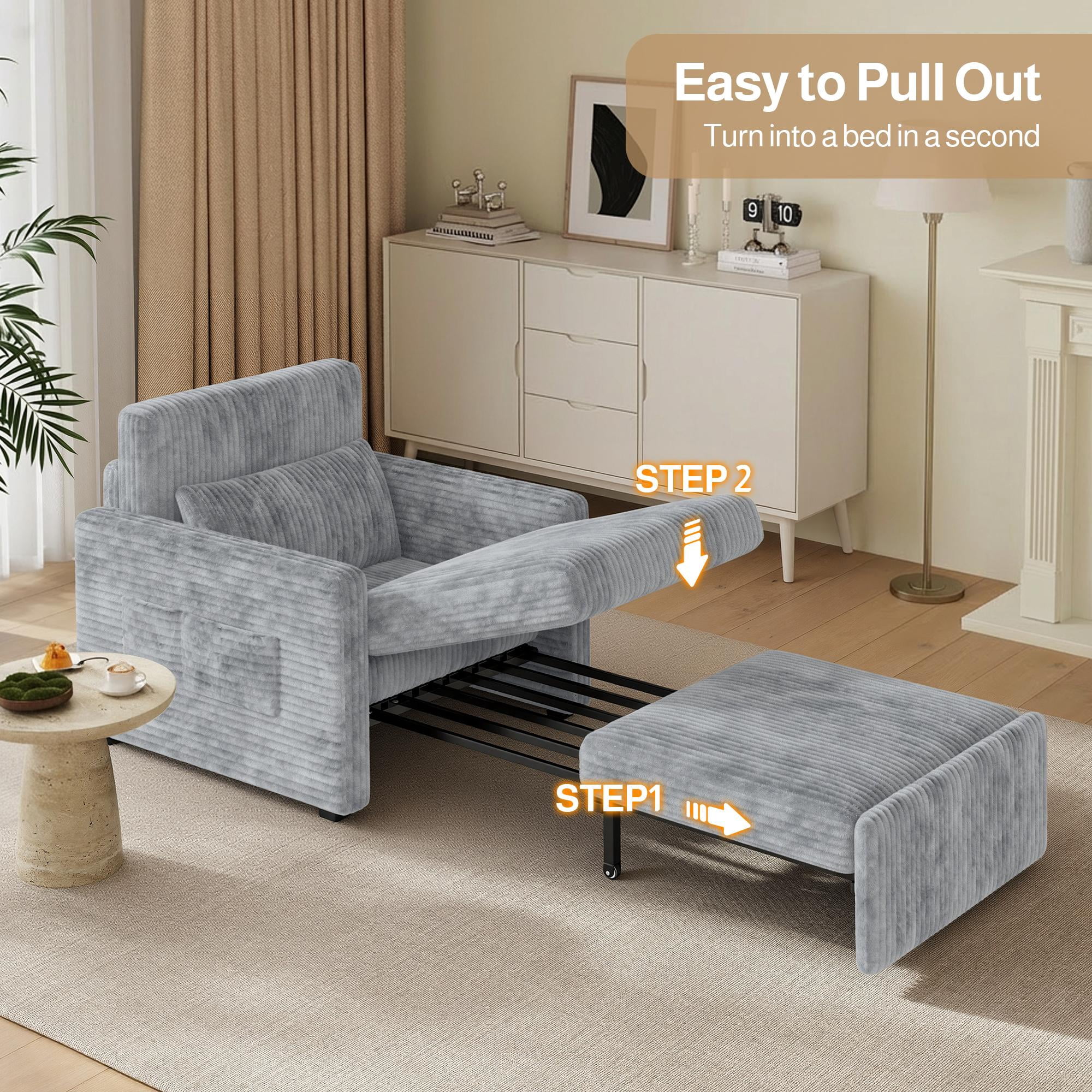 Noelse 3-in-1 Sleeper Chair Bed, Convertible Sofa Bed with Pull-Out Recliner, Corduroy Fabric Accent Chair, Gray