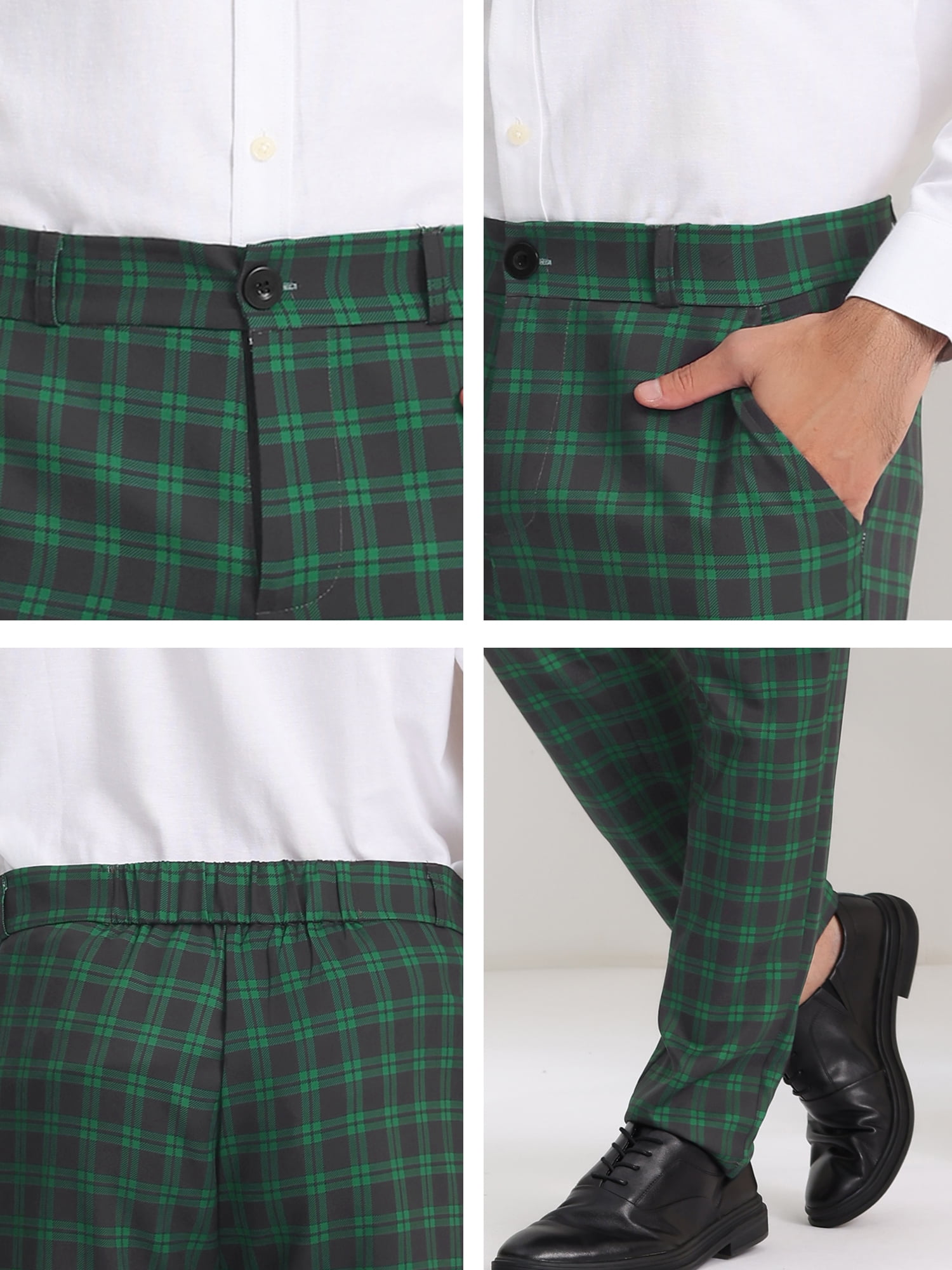 Unique Bargains Men's Flat Front Plaid Pants Formal Business Checked Trousers 36 Green Navy