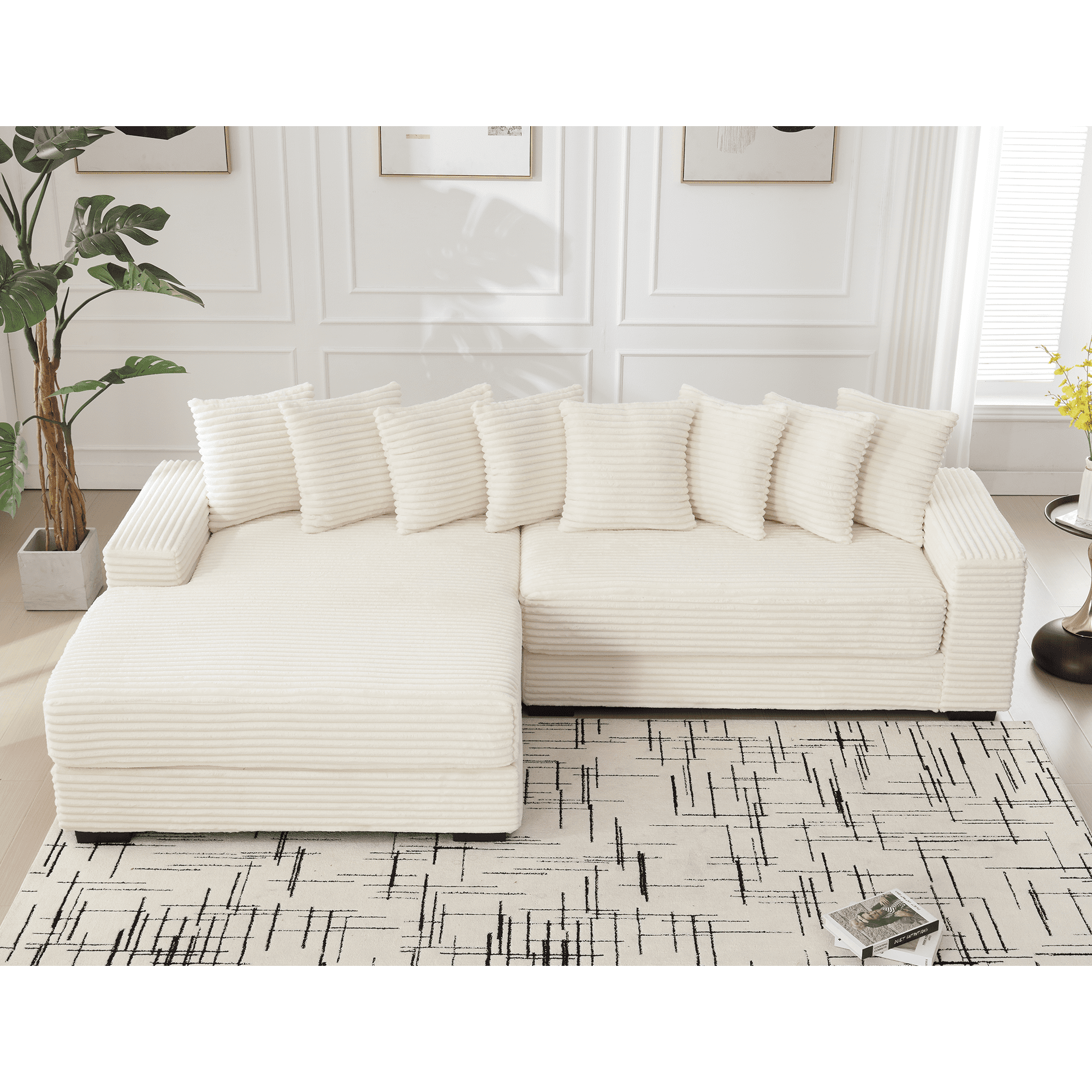 AISWORD 111" Oversized 3-Seat L-Shaped Sectional Sofa with Left Chaise, Luxury Corduroy Fabric Modular Couch with 8 Throw Pillows, Easy Assembly for Living Room