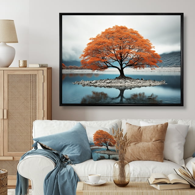Designart Trees framed wall art decor, Tree black framed wall art, Orange Tree Autumn I , Extra large Traditional black framed wall art, 32x16 inches black frame