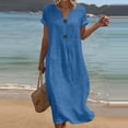 thumbnail image 3 of YuXingFu 100% Cotton Dress Women Maxi Crew Neck Plus Size Womens Dress Short Sleeve Flowy Long Casual Summer Blue L, 3 of 7