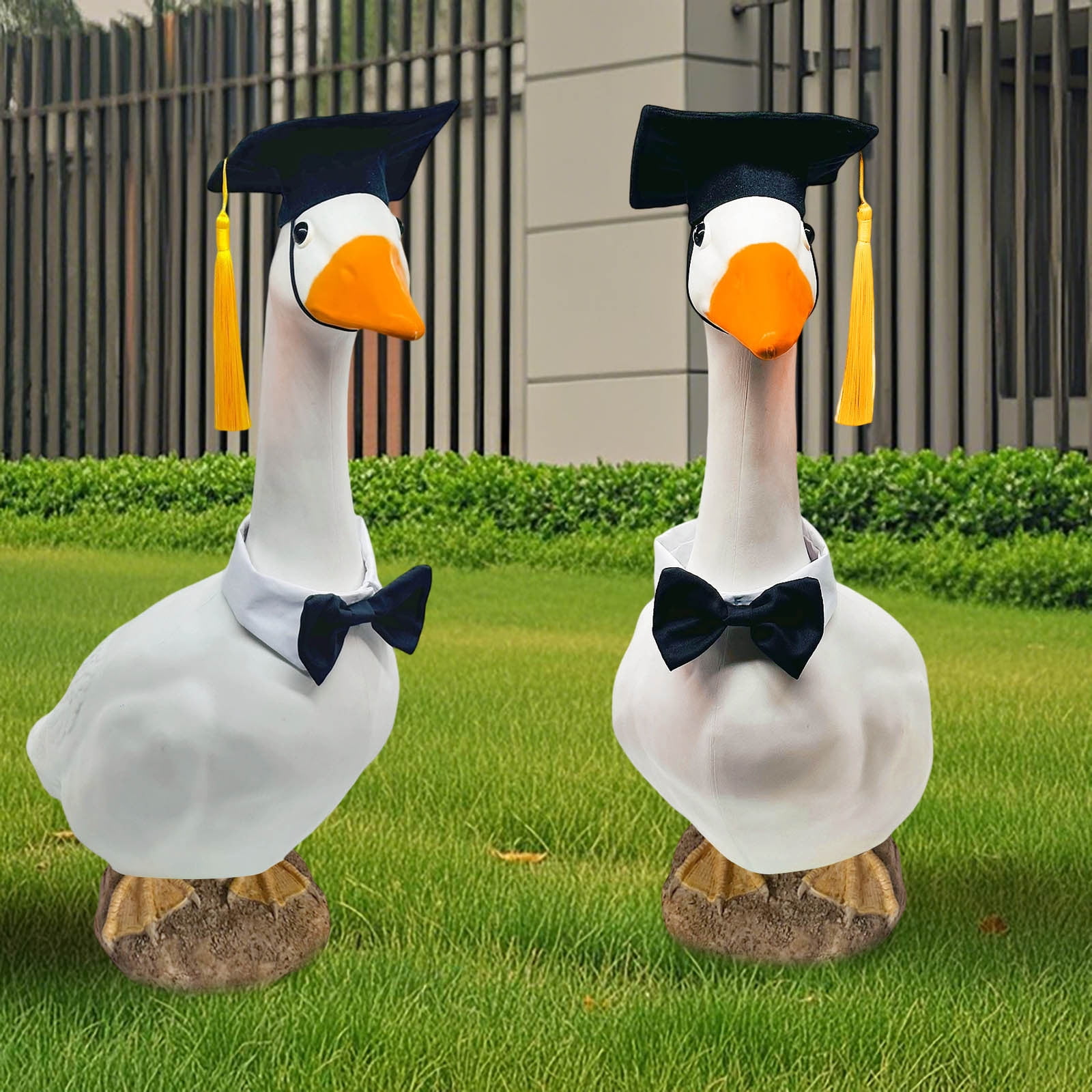 3Pcs Graduation Decoration, Fufafayo Graduation Season Bachelor's Hat Big White Goose Yard Decoration, Cap And Bow Tie Ornament for Lawn, Porch Or Garden Festive Display, Black Fabric Sculpture