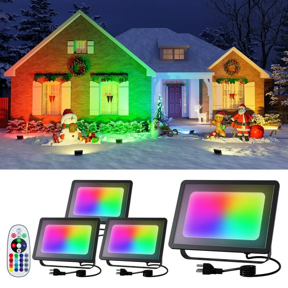 Open Box 4 Pack 50W Christmas Led Flood Lights 500W Equi Color Change with Remote Waterproof 16 Multicolor Lamp Indoor Outdoor Up Lighting for Xmas Decoration