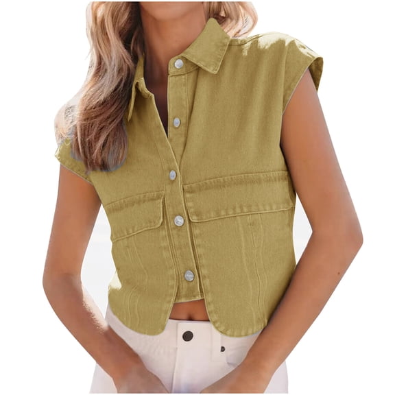 Cropped Denim Vest Womens Sleeveless Jean Shirts Jackets Button Front Collared Casual Coat Outerwear Yellow, M