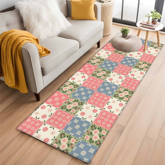 Japanese Style 2'x6' Runner Rugs for Hallway Kitchen Bedside Non Slip Washable, Colorful Patchwork Flowers Leaves Plaid Entryway Rug Runners with Rubber Backing, Long Carpet Runner for Laundry Room