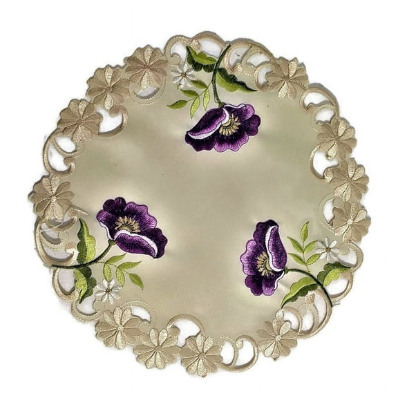 Doily Boutique Round Doily with Purple Poppy Flowers on Ivory Fabric, Size 11 inches